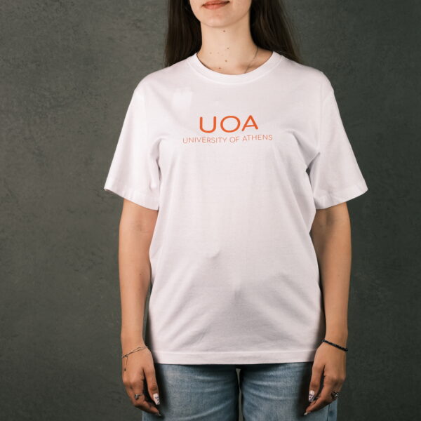 White UOA T-Shirt with Orange Letters