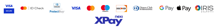 Accepted payment cards: Visa, Mastercard, Maestro, Discover, Diners, Google Pay, Apple Pay, IRIS — via Nexi XPay